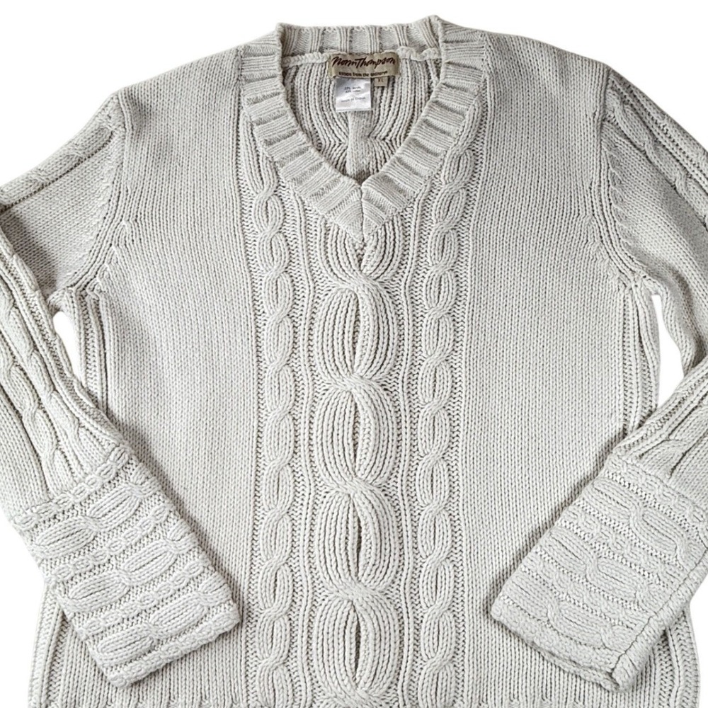 Vintage Norm Thompson Cream Cable Knit V Neck Sweater XL Nautical‎ Grannycore
